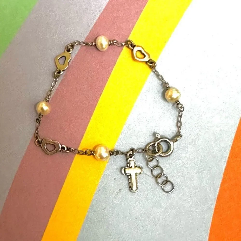 Sterling silver pearl Childs cross charm religious bracelet